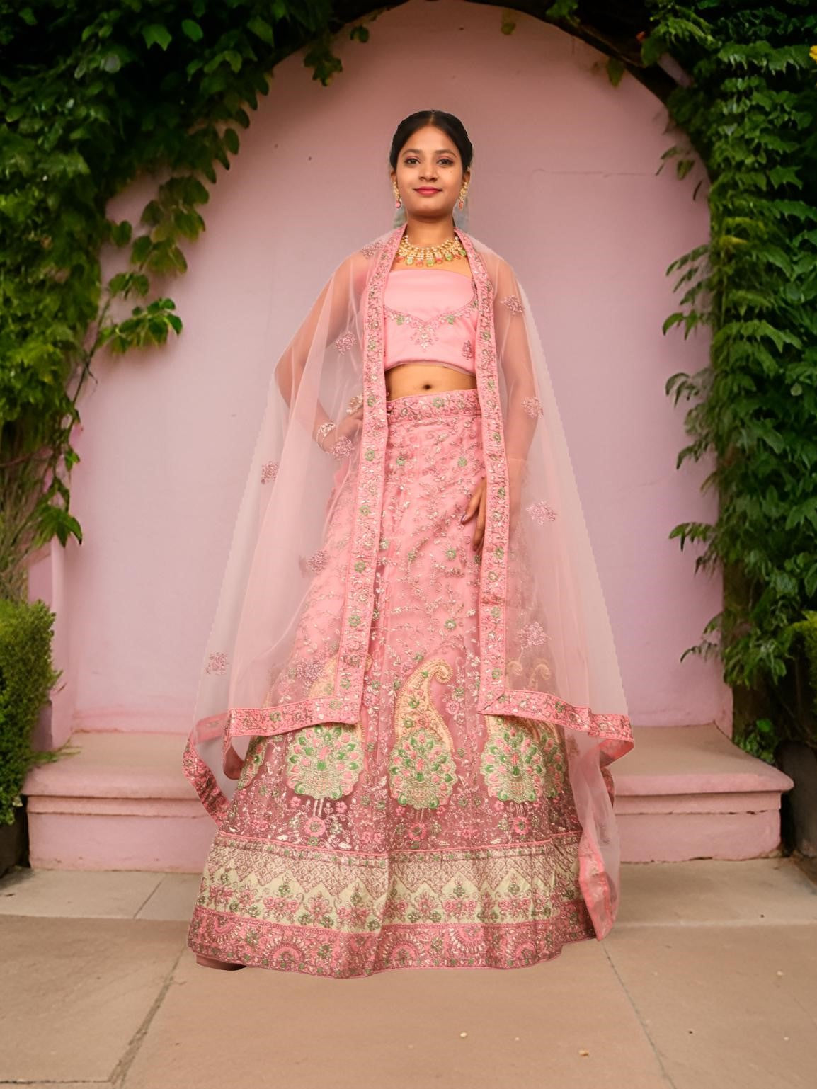 Semi-Stitched Lehenga with Soft Net Fabric &amp; Zari Thread Work by Shreekama Pink Semi-Stitched Lehenga for Party Festival Wedding Occasion in Noida