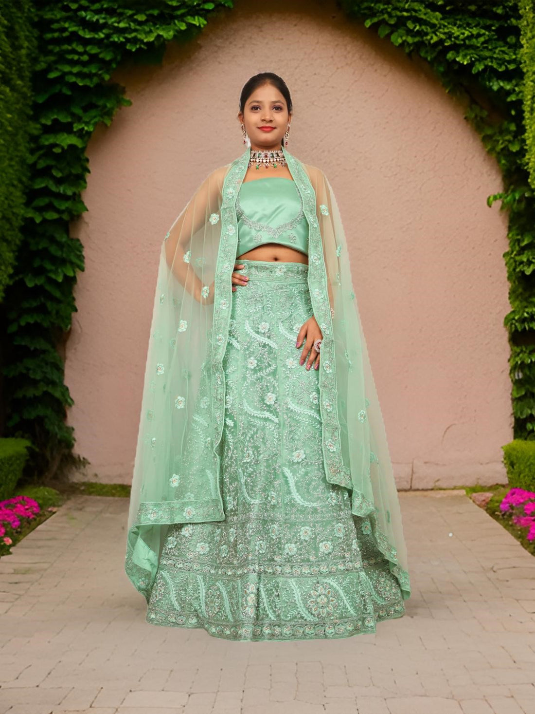 Semi-Stitched Lehenga with American Diamond &amp; Zari Thread Work by Shreekama Pista Green Semi-Stitched Lehenga for Party Festival Wedding Occasion in Noida