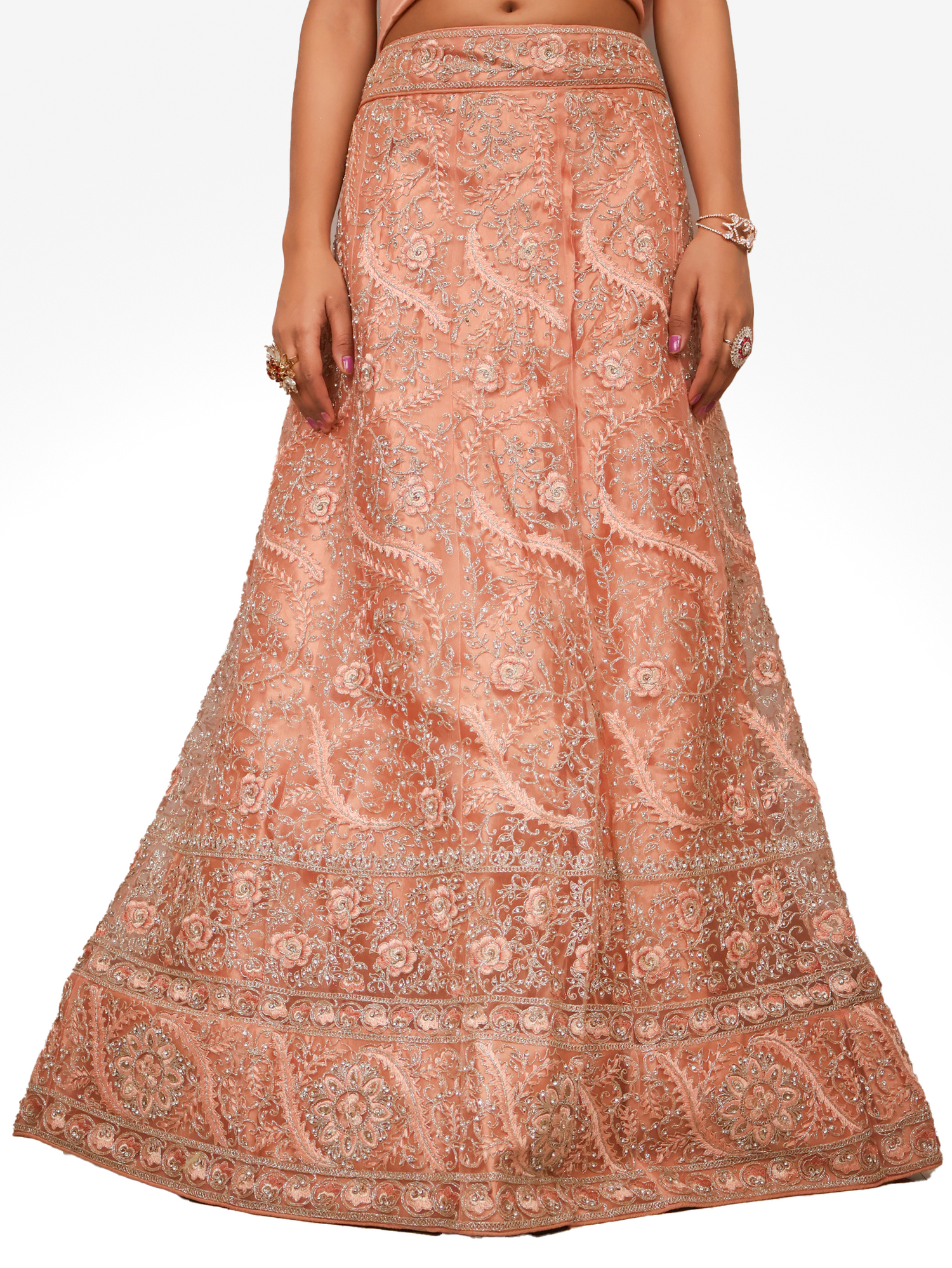 Semi-Stitched Lehenga with American Diamond &amp; Zari Thread Work by Shreekama Peach Semi-Stitched Lehenga for Party Festival Wedding Occasion in Noida