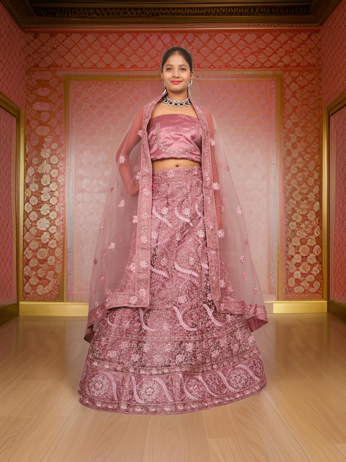 Semi-Stitched Lehenga with American Diamond &amp; Zari Thread Work by Shreekama Onion Semi-Stitched Lehenga for Party Festival Wedding Occasion in Noida