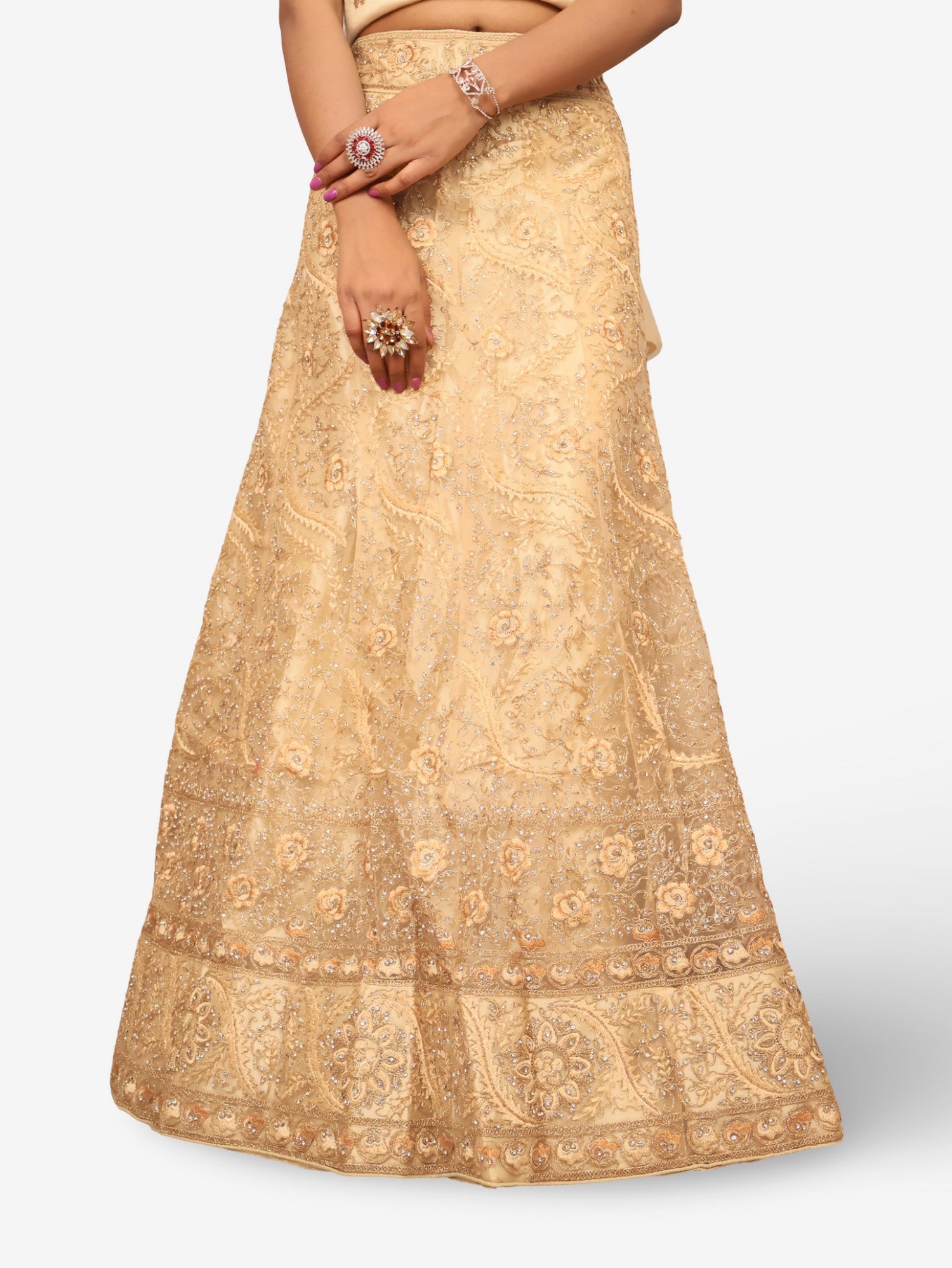 Semi-Stitched Lehenga with American Diamond &amp; Zari Thread Work by Shreekama Gold Semi-Stitched Lehenga for Party Festival Wedding Occasion in Noida