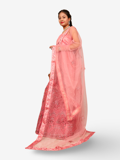 Semi-Stitched Lehenga with Soft Net Fabric &amp; Zari Thread Work by Shreekama Pink Semi-Stitched Lehenga for Party Festival Wedding Occasion in Noida
