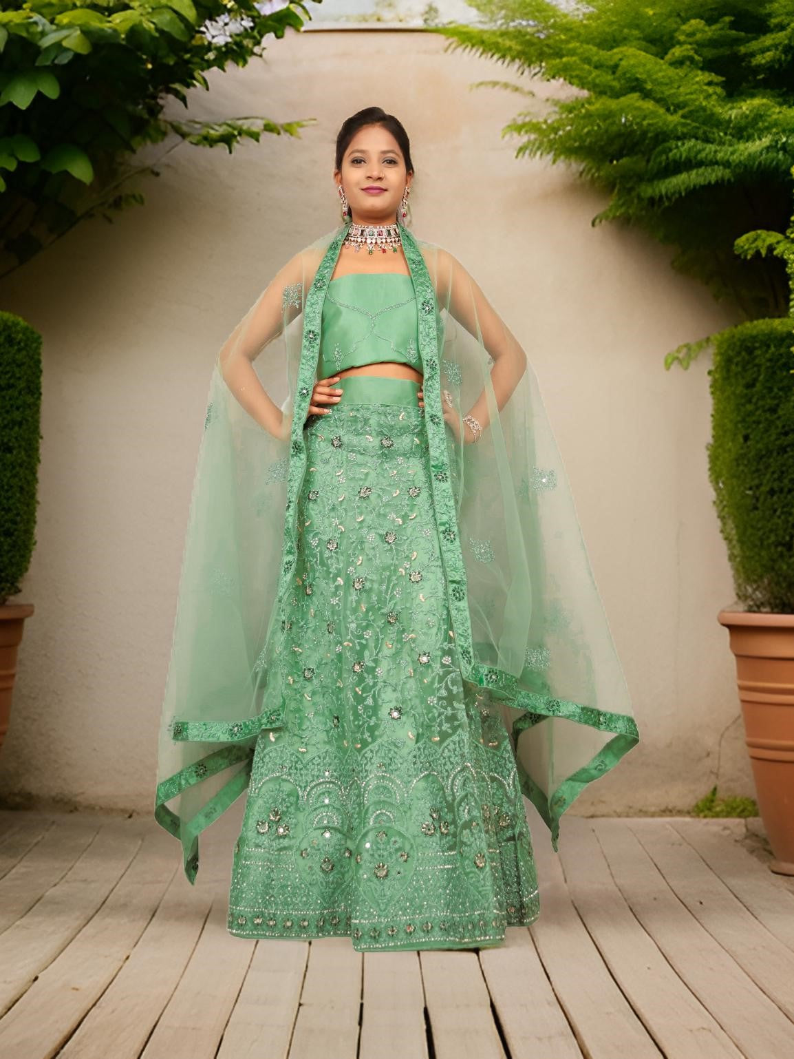 Semi-Stitched Lehenga with Embroidery &amp; Zari Thread Work by Shreekama Pista Green Semi-Stitched Lehenga for Party Festival Wedding Occasion in Noida