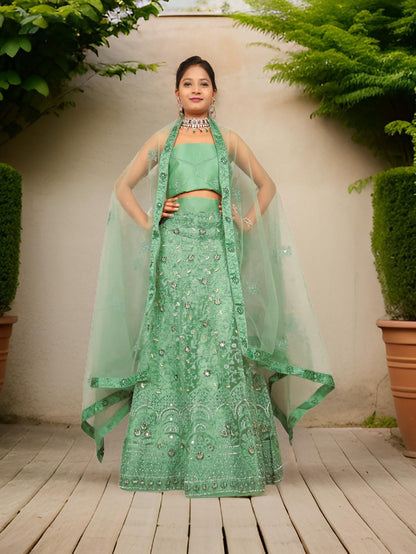 Semi-Stitched Lehenga with Embroidery &amp; Zari Thread Work by Shreekama Pista Green Semi-Stitched Lehenga for Party Festival Wedding Occasion in Noida