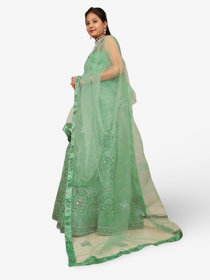 Semi-Stitched Lehenga with Embroidery &amp; Zari Thread Work by Shreekama Pista Green Semi-Stitched Lehenga for Party Festival Wedding Occasion in Noida