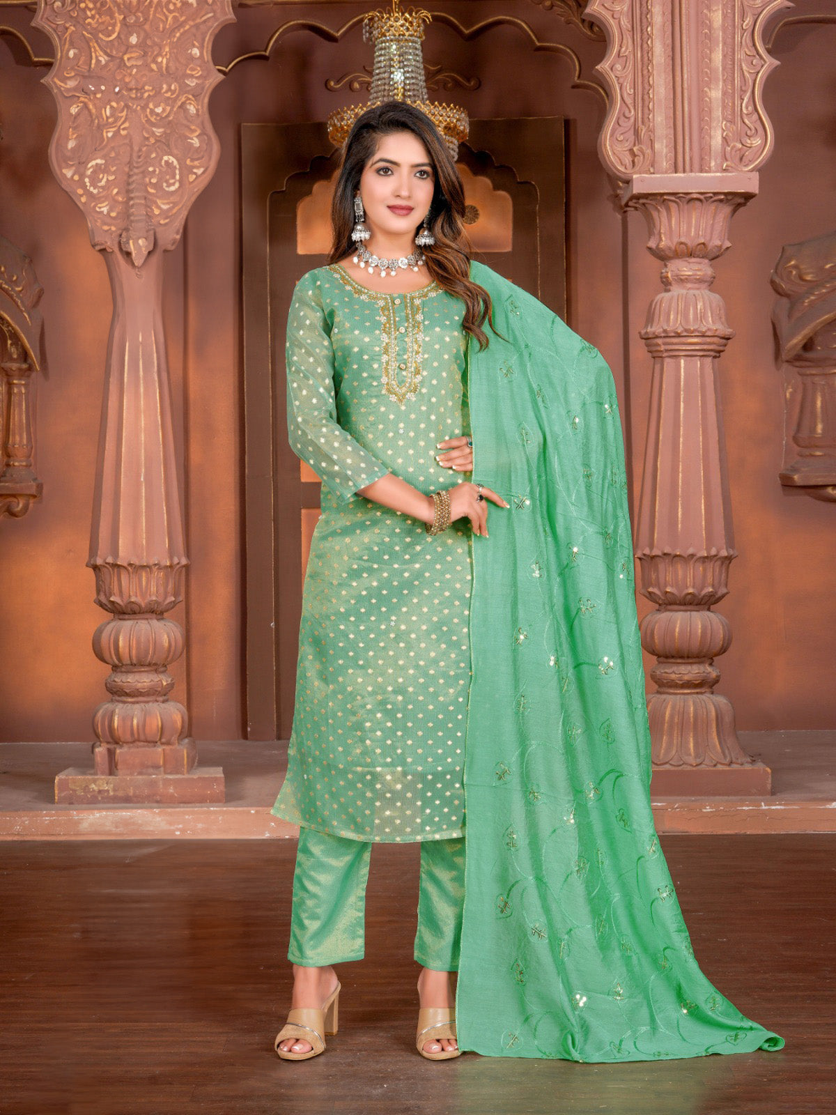 Silk Embroidered Straight Kurti with Pant and Dupatta